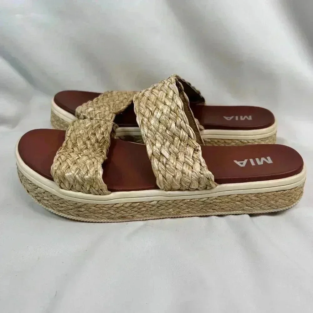 MIA Cami Size 9.5 Sandal Raffia Natural Neutral Platform Double Band